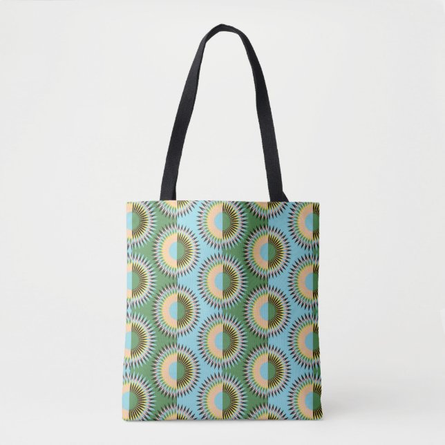 Tote Bag Fleurs pliées : motif rétro bleu-vert. (Devant)