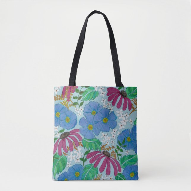 Tote Bag Fleurs printanières Périwinkle bleu et rose Fourre (Devant)
