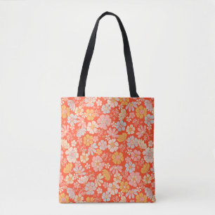 Tote Bag Fleurs Rétro Heureuses Pastel sur Orange