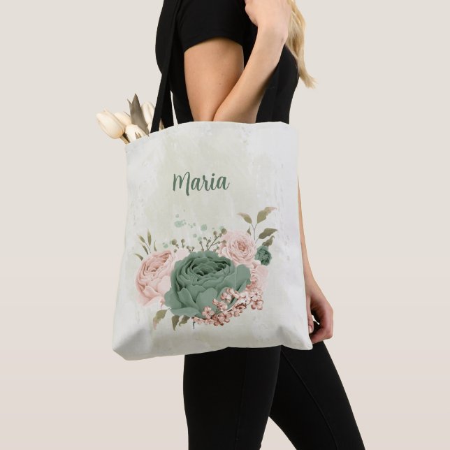 Tote Bag fleurs rose brun vert sage (De près)