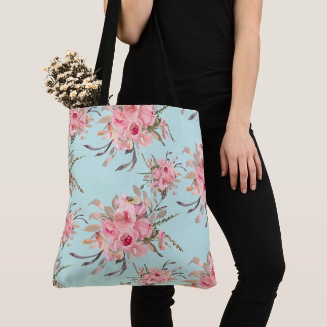 Tote Bag Fleurs rose pâle sur bleu clair (De près)