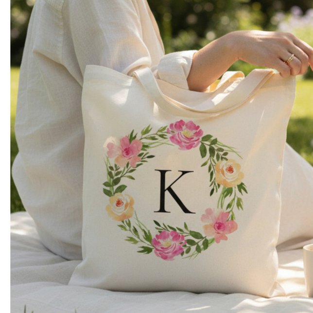 Tote Bag Fleurs roses avec monogramme  (Créateur téléchargé)