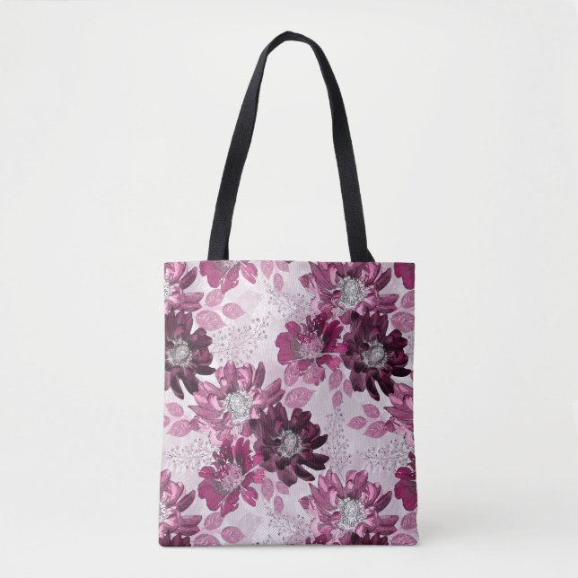 Tote Bag Fleurs roses et bordeaux sur rose poussiéreux (Devant)