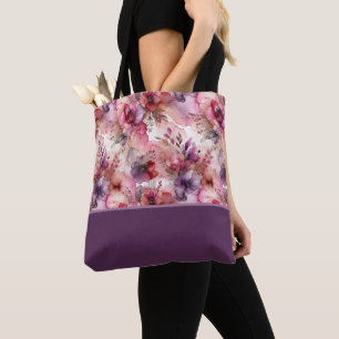 Tote Bag Fleurs roses et violettes Bloc de couleur à l'encr