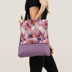 Tote Bag Fleurs roses et violettes Bloc de couleur d'encre
