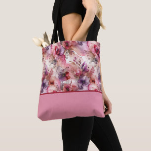 Tote Bag Fleurs roses et violettes Bloc de couleur d'encre 