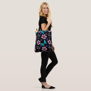 Tote Bag Fleurs roses fantaisistes et papillon bleu sans co
