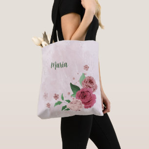 Tote Bag fleurs roses feuilles vertes 