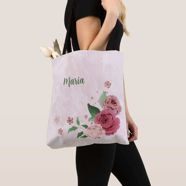 Tote Bag fleurs roses feuilles vertes  (De près)