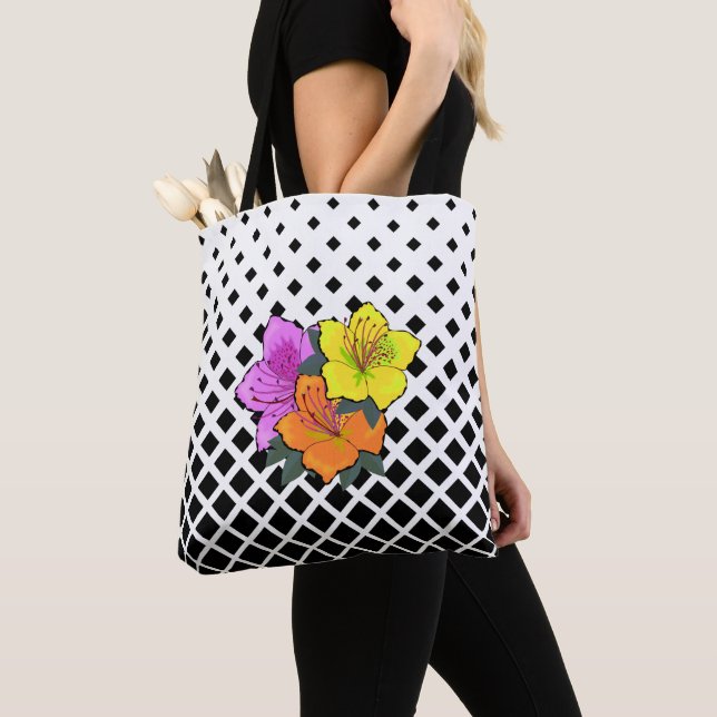 Tote Bag Fleurs roses jaunes orange sur Graphisme blanc noi (De près)