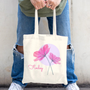 Tote Bag Fleurs roses modernes et mignonnes Nom personnalis