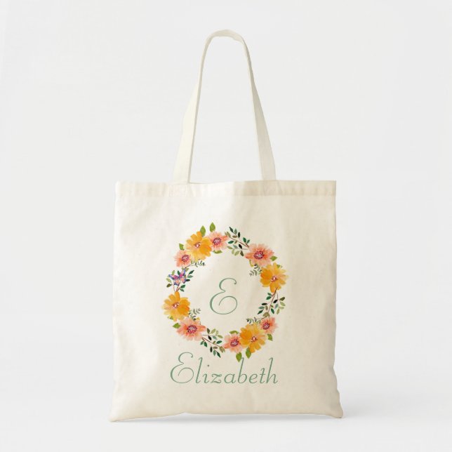 Tote Bag Fleurs roses orange Nom Monogramme Demoiselle d'ho (Devant)