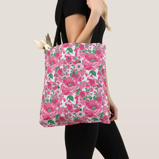 Tote Bag Fleurs roses peintes à la main mignonne Design bla (De près)
