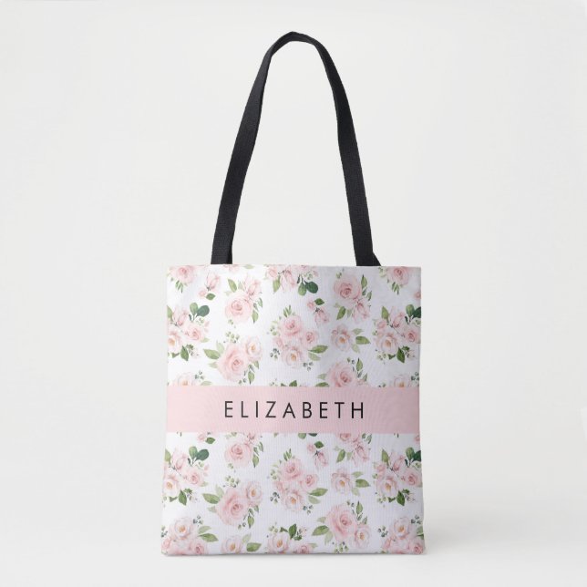 Tote Bag Fleurs roses, Roses, Fleurs Aquarelles, Votre Nom (Devant)
