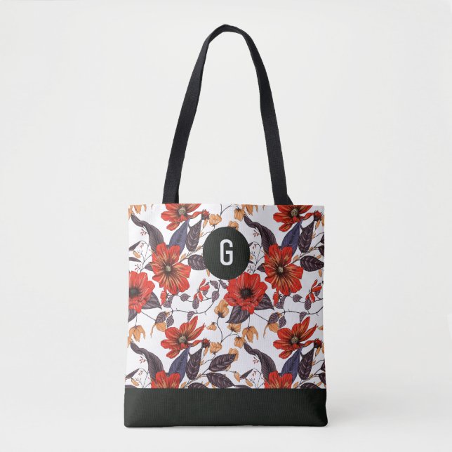 Tote Bag Fleurs rouge orange vert feuille personnalisé mono (Devant)