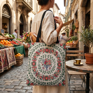 Tote Bag Fleurs rouges et roses - Couronne florale vintage