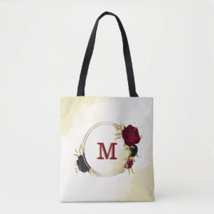 Tote Bag fleurs rouges noires or feuilles