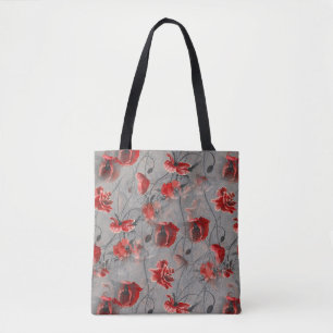 Tote Bag Fleurs rouges sur Gris foncé, Pépites rouges à pap