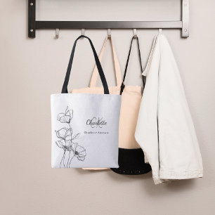 Tote Bag Fleurs sauvages art linéaire monogramme simple nom