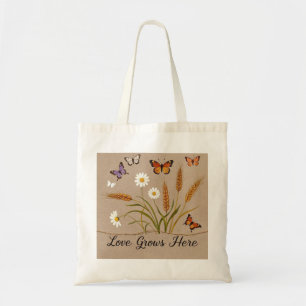 Tote Bag Fleurs sauvages bohémiens, papillons, tiges de blé