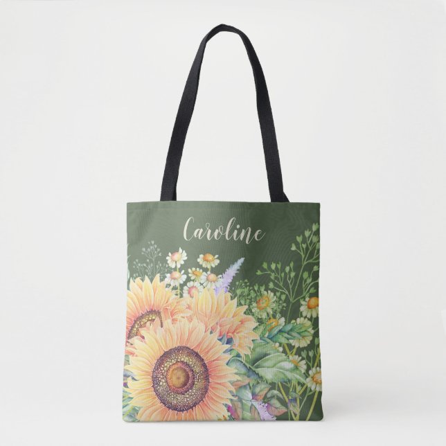 Tote Bag Fleurs sauvages rustiques de tournesols | Nom pers (Devant)