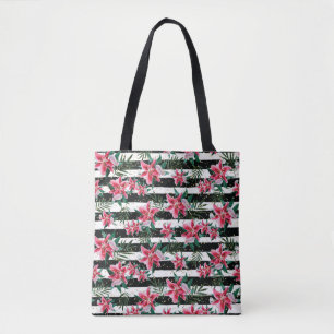 Tote Bag Fleurs scintillantes tropicales Bandes noires et b