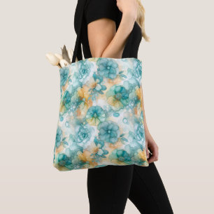 Tote Bag Fleurs turquoises et jaunes Illustration de l'encr
