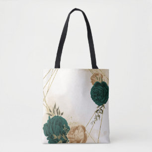 Tote Bag fleurs vert émeraude et or beige