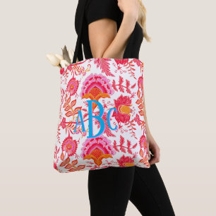 Tote Bag Fleurs Vintages Monogram Preppy   Rose et orange