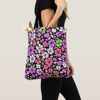 Tote Bag Fleurs violettes et roses et motif de pétales noir