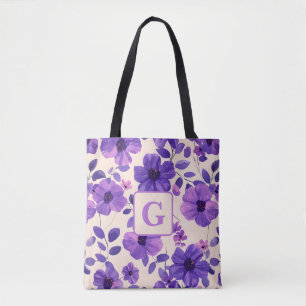 Tote Bag Fleurs violettes peintes à la main monogramme pers