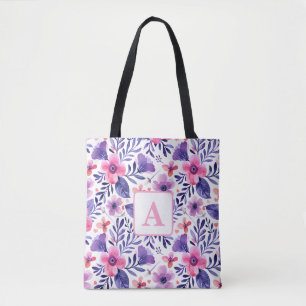 Tote Bag Fleurs violettes peintes à la main monogramme pers