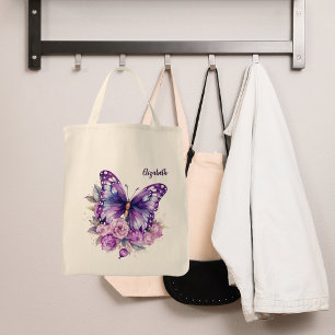 Tote Bag Fleurs violettes roses papillon