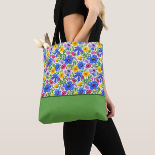 Tote Bag Fleurs violettes rouges jaunes bleues vives bloc d