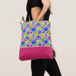 Tote Bag Fleurs violettes rouges jaunes bleues vives bloc d