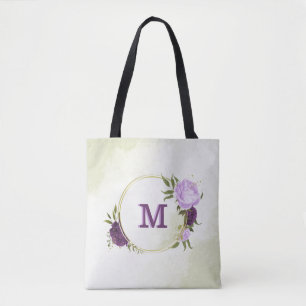 Tote Bag fleurs violettes vert feuilles