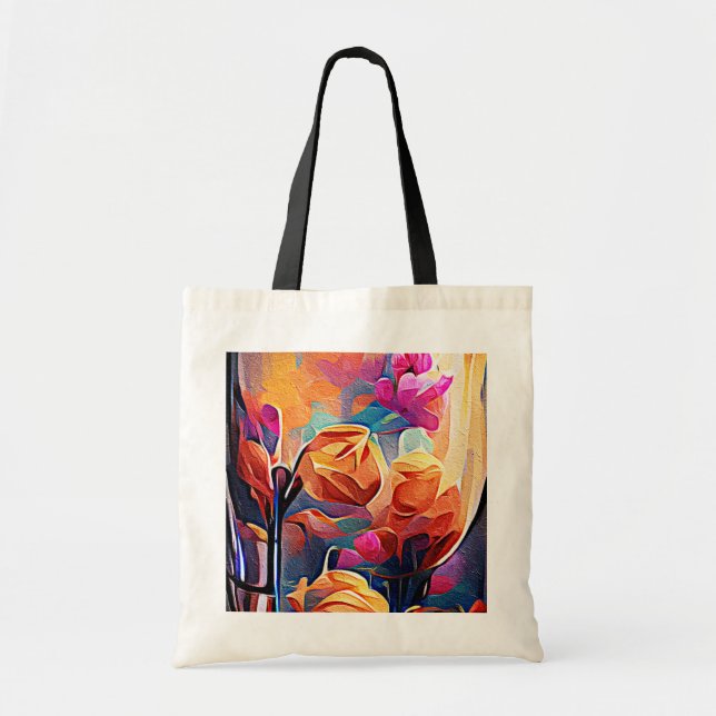 Tote Bag Floral Abstract Art Orange Red Blue Flowers (Devant)