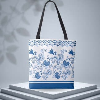 Tote Bag Floral Bleu et Motif d'oiseaux - Inspiré par la na