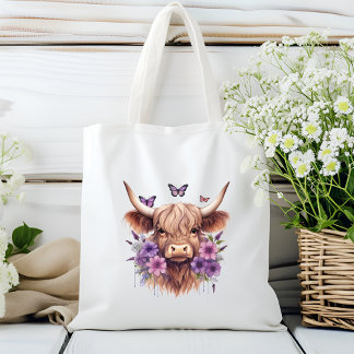 Tote Bag Floral Boho Purple Highland Cow Farmhouse Home