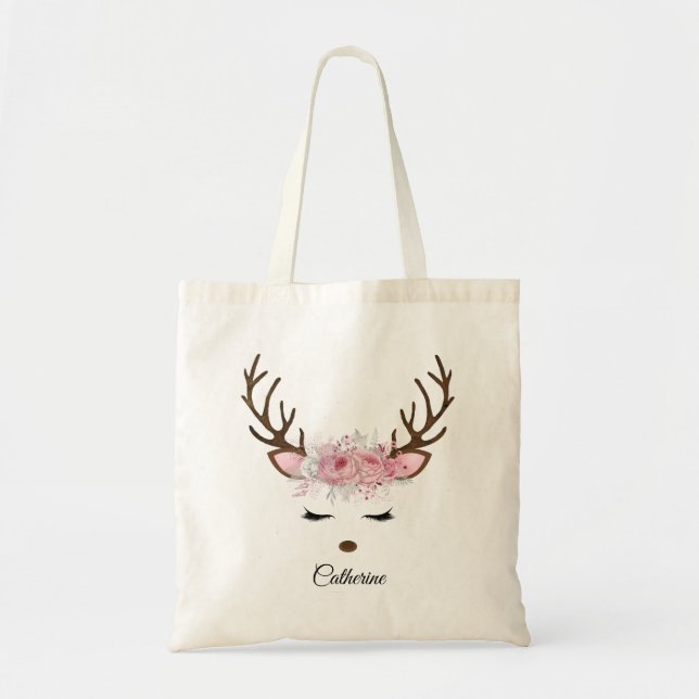 Tote Bag Floral Christmas Reindeer Nom personnalisé (Devant)