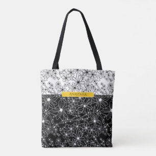 Tote Bag Floral Color Block Motif noir blanc avec nom