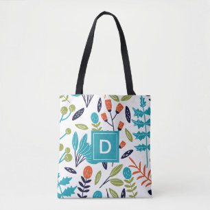 Tote Bag Floral coloré moderne + Monogramme Motif de feuill