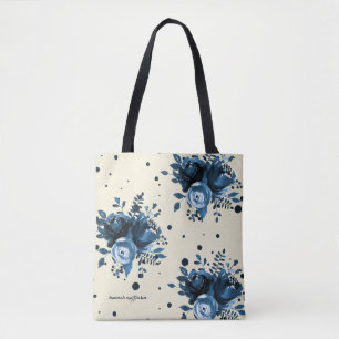 Tote Bag Floral d'aquarelle bleu avec points et ajouter un
