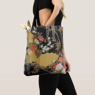 Tote Bag Floral d'or et de noir oriental japonais Kimono