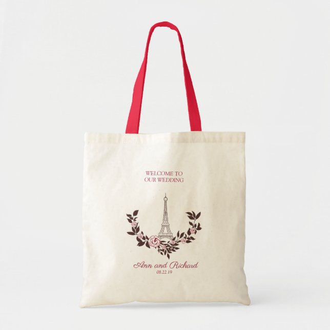 Tote Bag Floral et parisien en Mariage rouge (Devant)