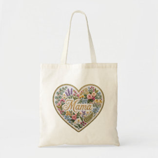 Tote Bag Floral Faux Embroidery Heart Mama