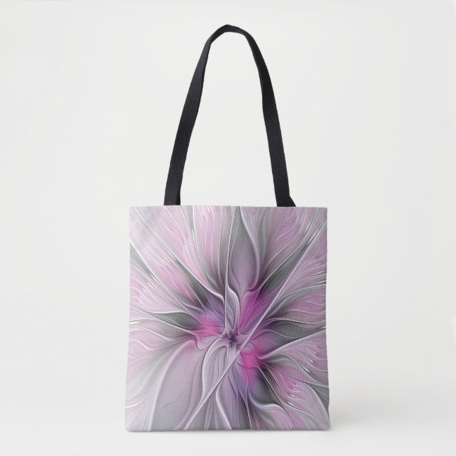 Tote Bag Floral Fractal moderne Fleur Abstraite rose gris (Devant)
