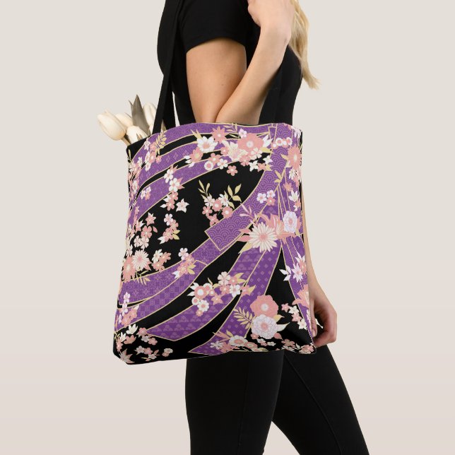 Tote Bag Floral Kimono Motif Violet (De près)