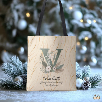 Tote Bag Floral Monogram V – Graceful Botanical Letter Art