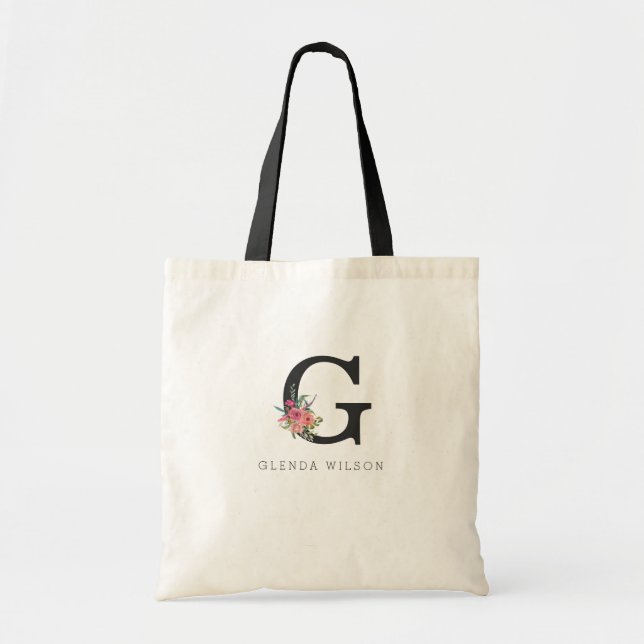 Tote Bag Floral Monogramme rose rose moderne fille élégante (Devant)